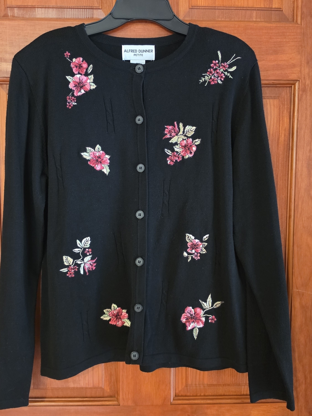 Alfred Dunner Black Cardigan with Pink Floral Embroidery